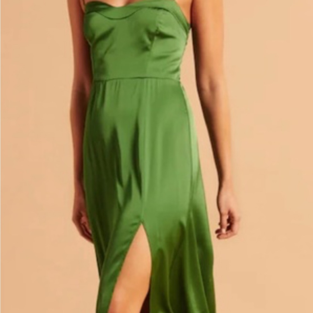 Abercrombie & Fitch Green Strapless Satin Midi Dress with Front Slit